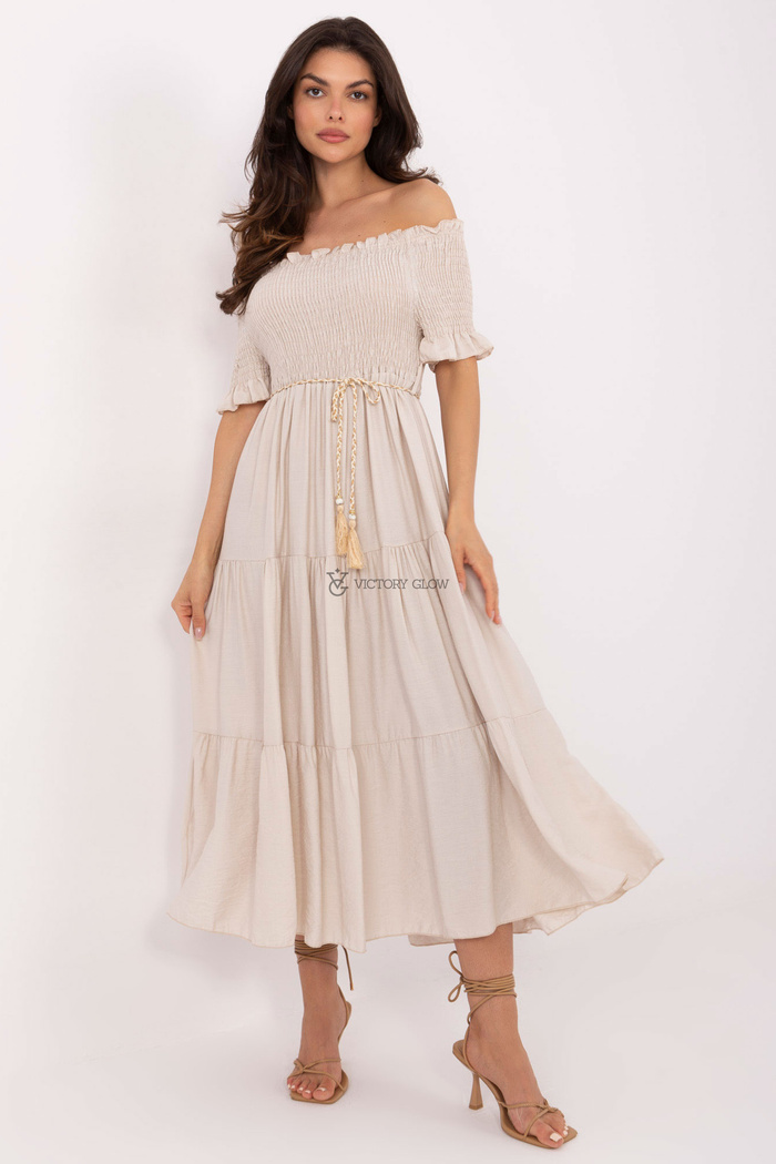 Sukienka hiszpanka boho z paskiem Maja beżowa