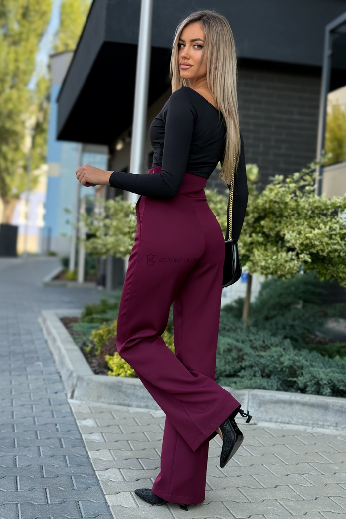 Eleganckie spodnie z wysokim stanem Sandy bordo