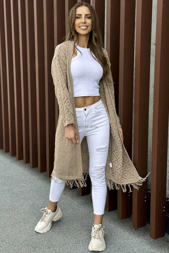 Beżowy ażurowy kardigan Lila bez zapięcia z frędzlami