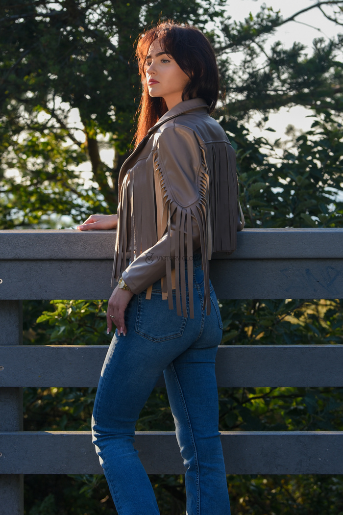 Ramoneska eko skóra z frędzlami Cassy beżowa