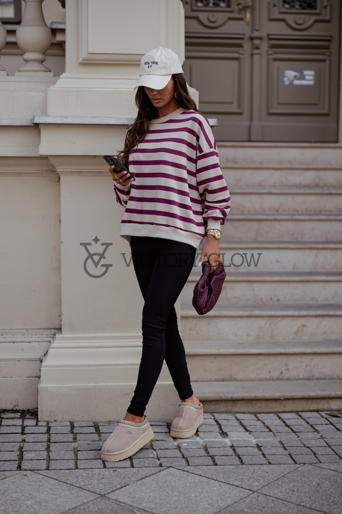 Luźna bluza w paski Strel beżowo-bordowa
