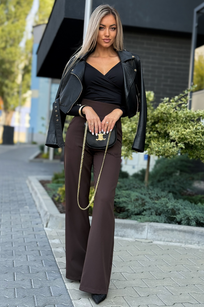 Eleganckie spodnie z wysokim stanem Sandy czekoladowe