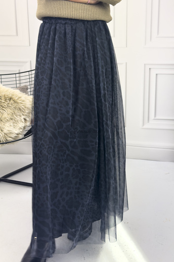 Długa spódnica tiulowa Agłaja wzór panterka szaro czarna