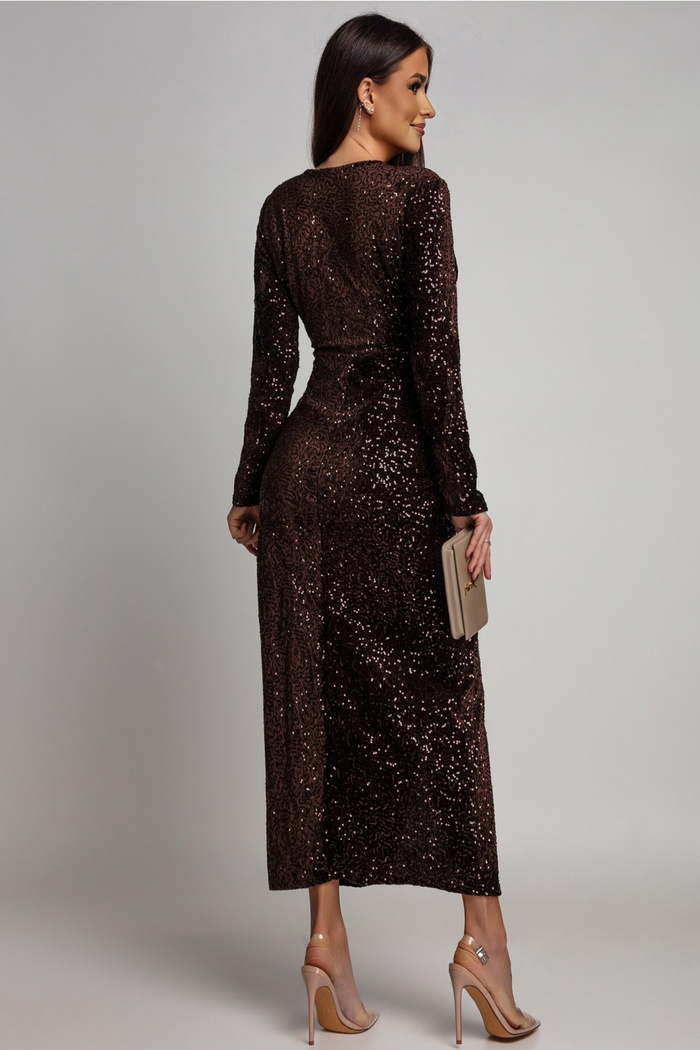 Sukienka cekinowa z drapowaniem Linett brązowa