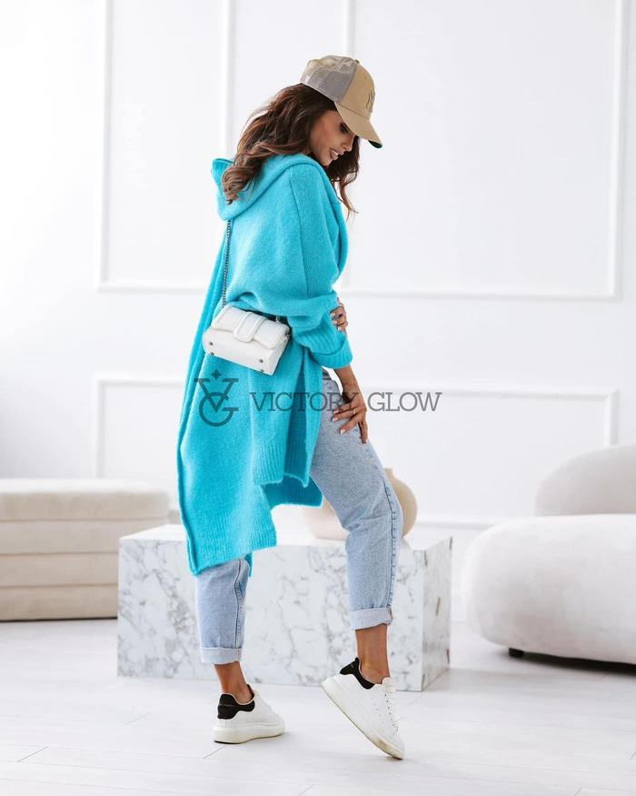 Kardigan Julia oversize z kapturem niebieski