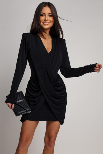 Kopertowa prążkowana sukienka z drapowaniem Sandra czarna