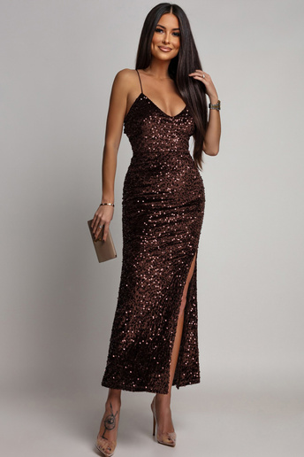 Sukienka cekinowa z odkrytymi plecami Nina czekoladowa