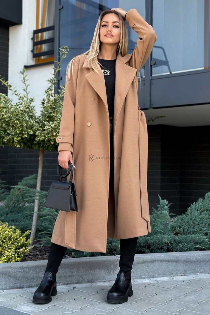 Klasyczny wełniany  płaszcz bez podszewki Marina karmelowy