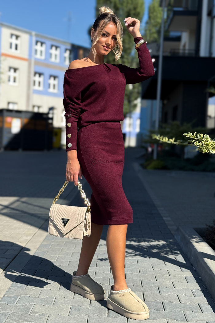 Komplet dzianinowy Mary bluzka i spódnica bordo