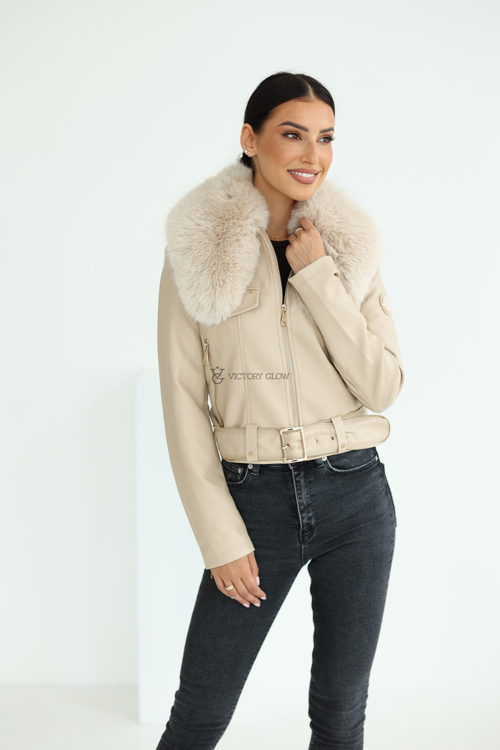 Krótka kurtka z paskiem i futrzanym kołnierzem Wendy beżowa