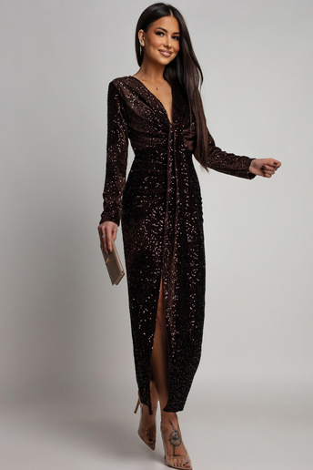 Sukienka cekinowa z drapowaniem Linett brązowa