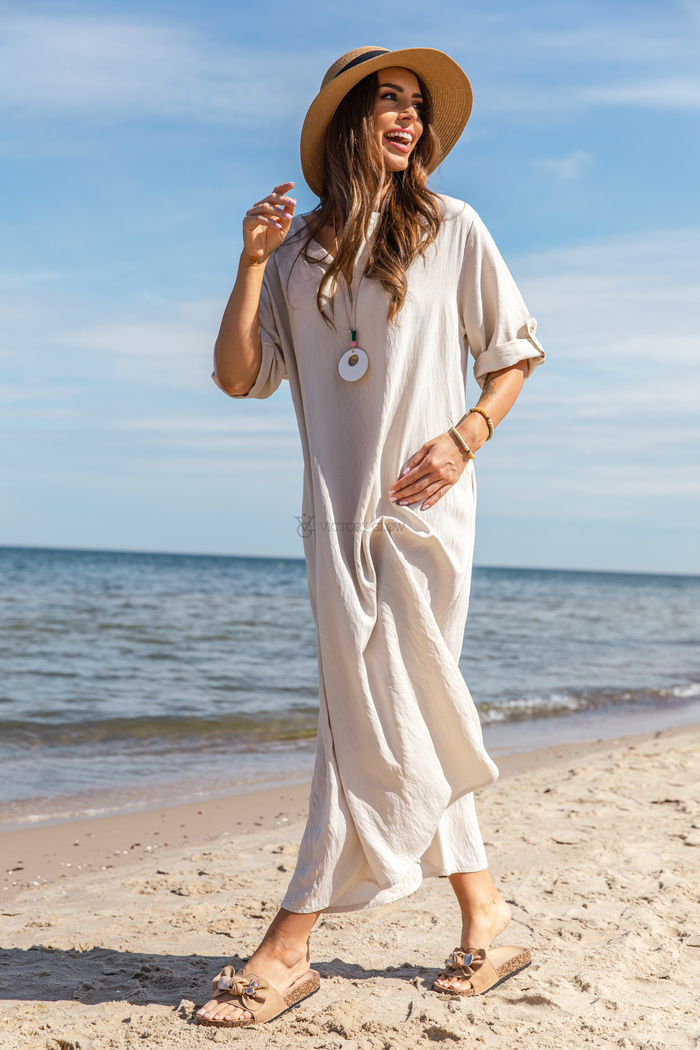 Beżowa maxi sukienka oversize Maddalena z wisiorkiem