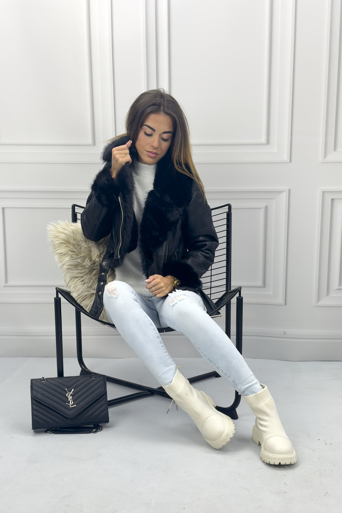 Czarna ramoneska z futerkiem Bretta