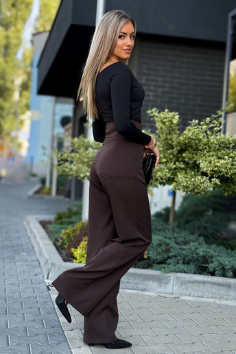 Eleganckie spodnie z wysokim stanem Sandy czekoladowe