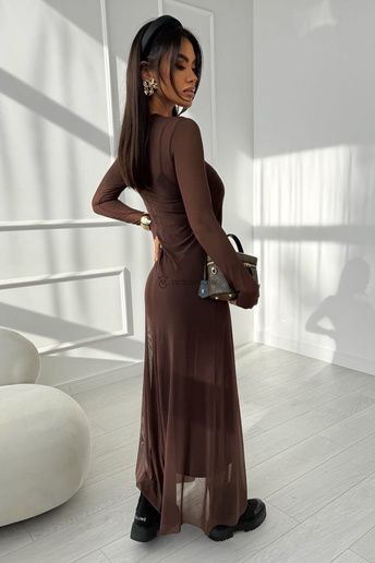 Sukienka maxi Mesh Elegance brązowa