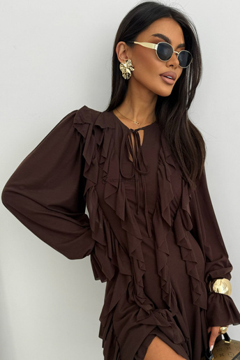 Sukienka z falbanami Romance Frill brązowa