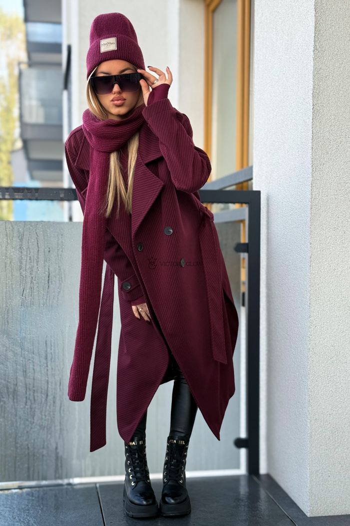 Klasyczny wełniany płaszcz bez podszewki Marina bordo