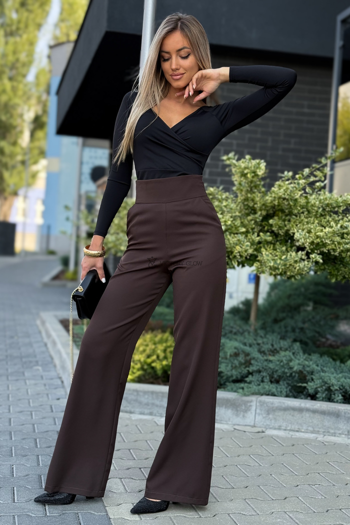 Eleganckie spodnie z wysokim stanem Sandy czekoladowe