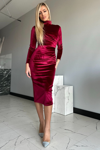 Elegancka sukienka welurowa midi Olivia bordo