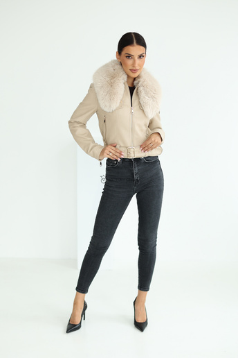 Krótka kurtka z paskiem i futrzanym kołnierzem Wendy beżowa