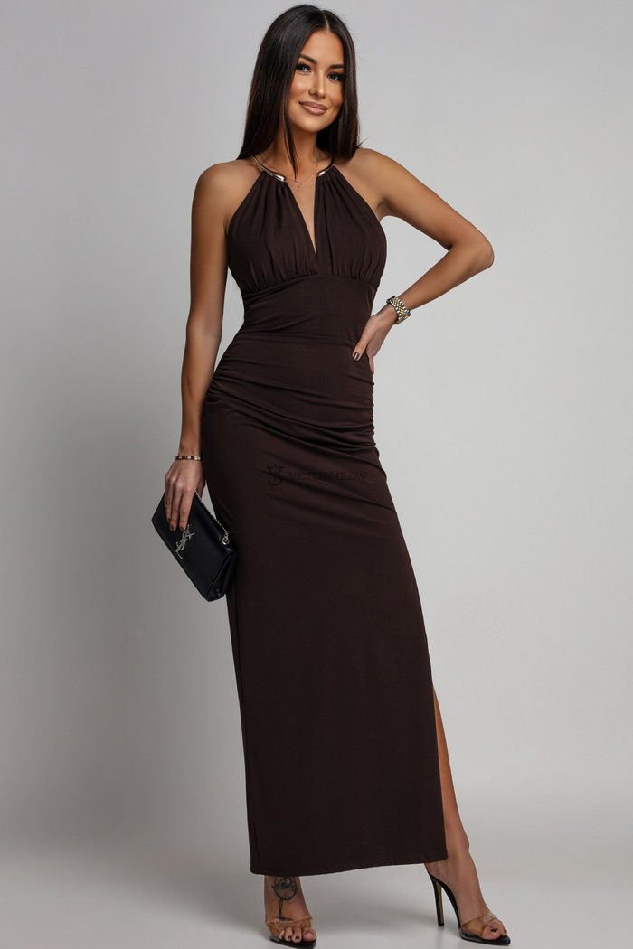 Sukienka maxi z biżuteryjnym dekoltem Gabby czekoladowa