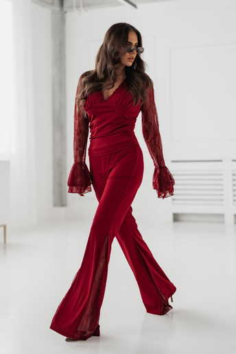 Prążkowany komplet z koronką Georgia bordowy