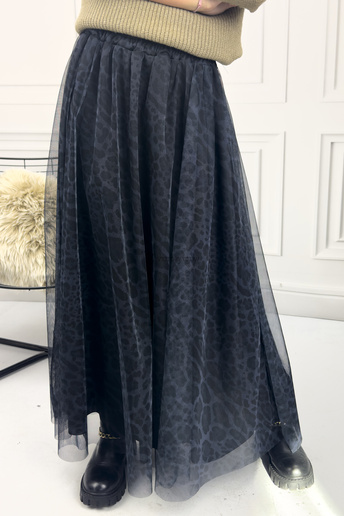 Długa spódnica tiulowa Agłaja wzór panterka szaro czarna