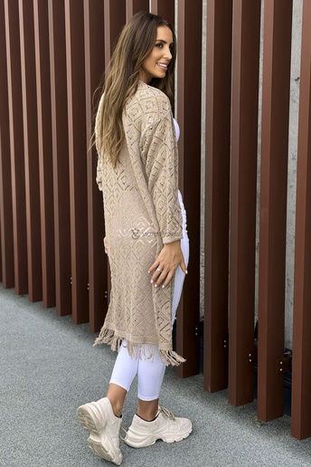 Beżowy ażurowy kardigan Lila bez zapięcia z frędzlami