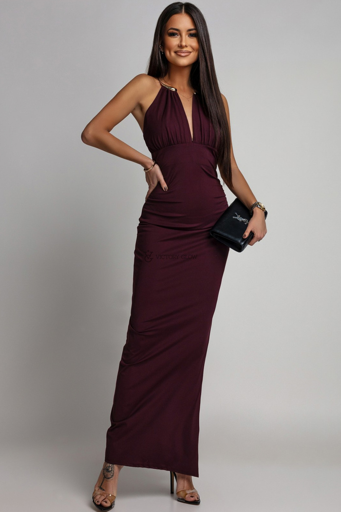 Sukienka maxi z biżuteryjnym dekoltem Gabby bordowa