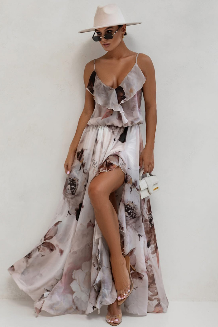 Sukienka zwiewna z falbanami w kwiaty Aria brązowa