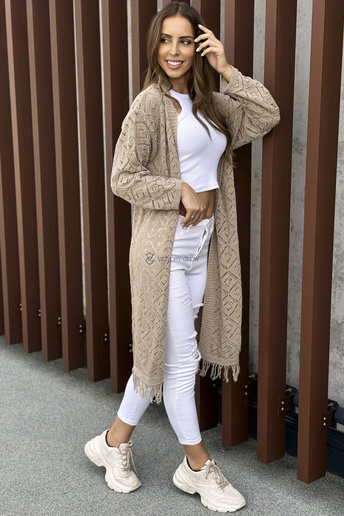 Beżowy ażurowy kardigan Lila bez zapięcia z frędzlami