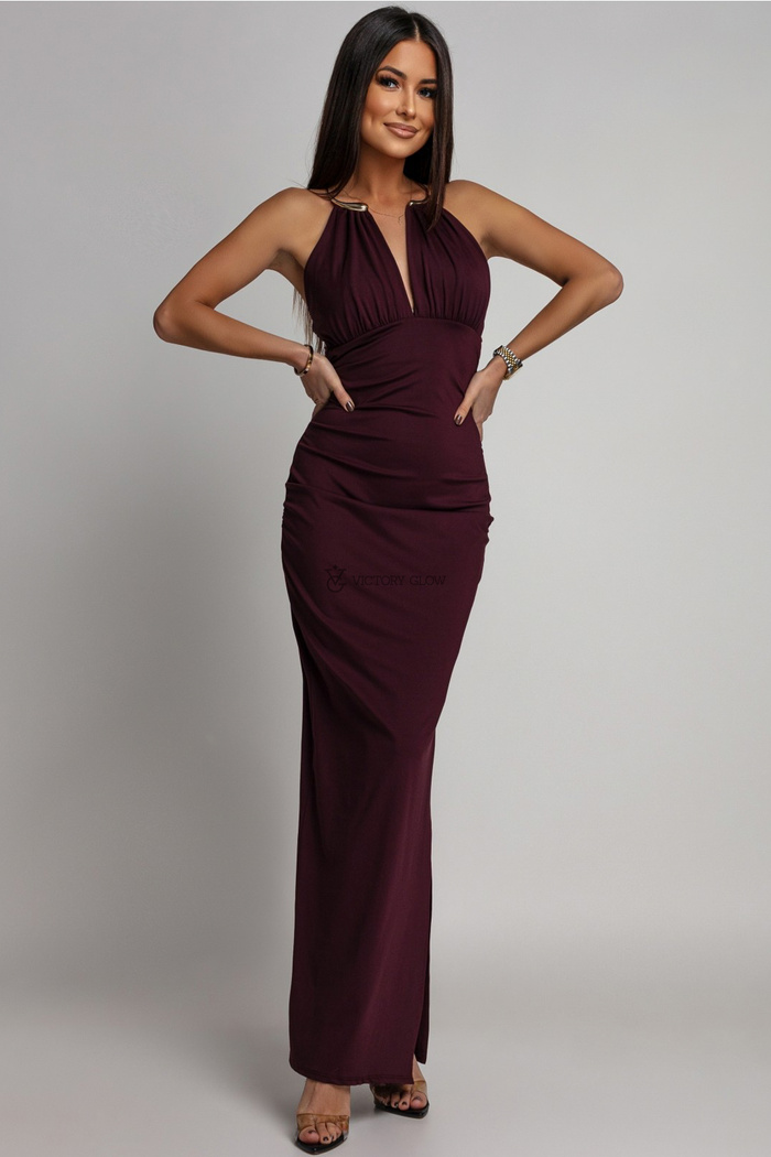 Sukienka maxi z biżuteryjnym dekoltem Gabby bordowa