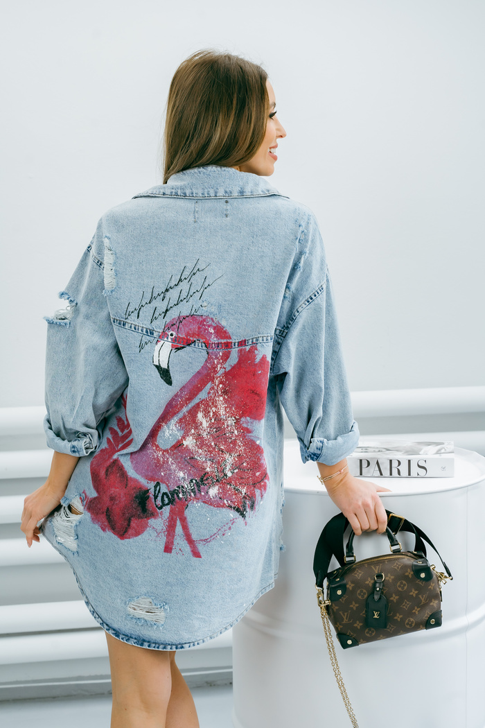 Długa kurtka jeansowa Elena z nadrukiem i przetarciami