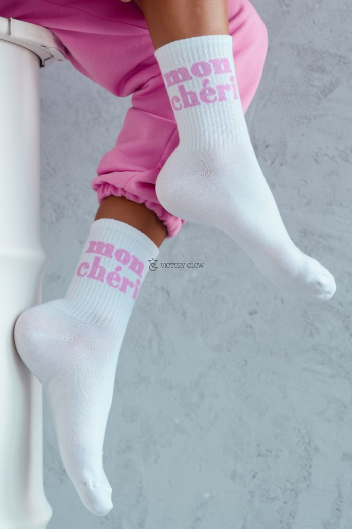 Długie skarpetki z nadrukiem Mon Cheri białe