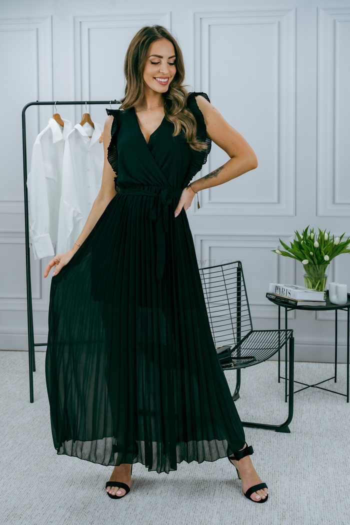 Czarna plisowana sukienka Lorenza z wiązanym paskiem