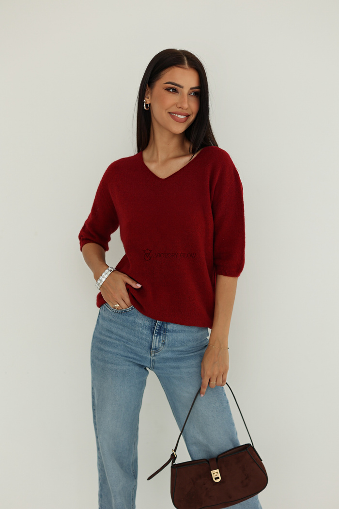 Miękki sweter Baby Alpaka z rękawem 3/4 bordowy