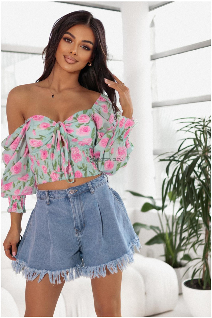 Bluzka krótka wiązana Scarlett Flower miętowa