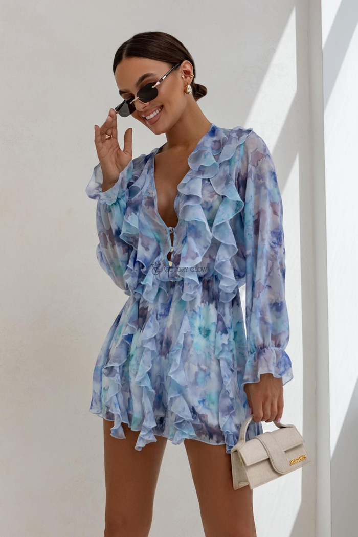 Kombinezon z falbanami w kwiaty Luna błękitny