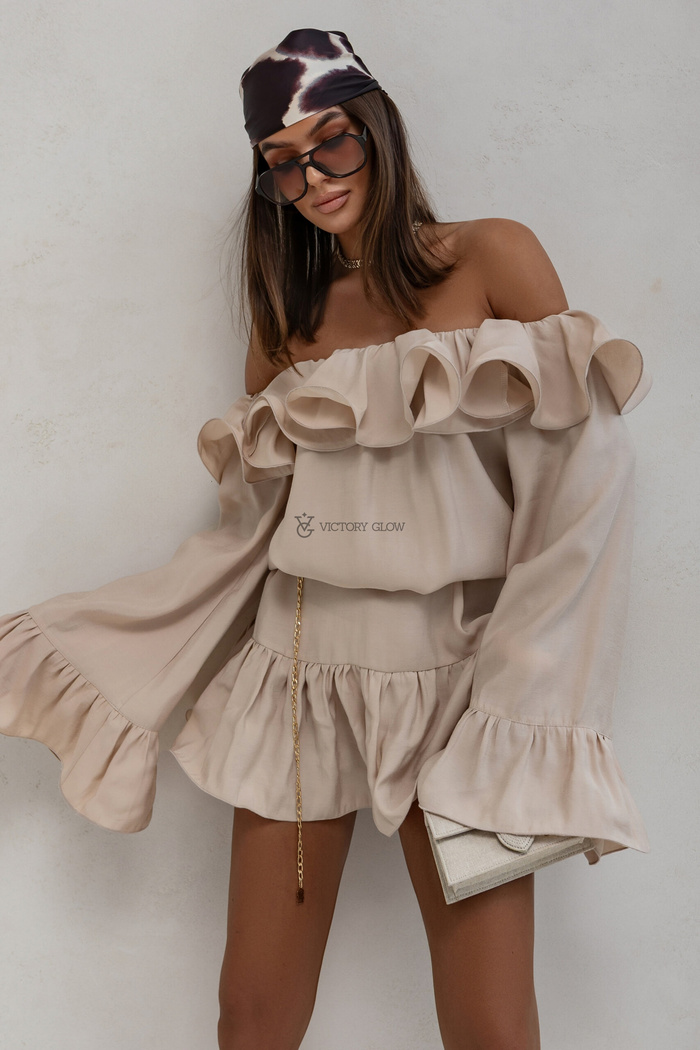 Sukienka hiszpanka ze złotym łańcuszkiem Cassie beżowa