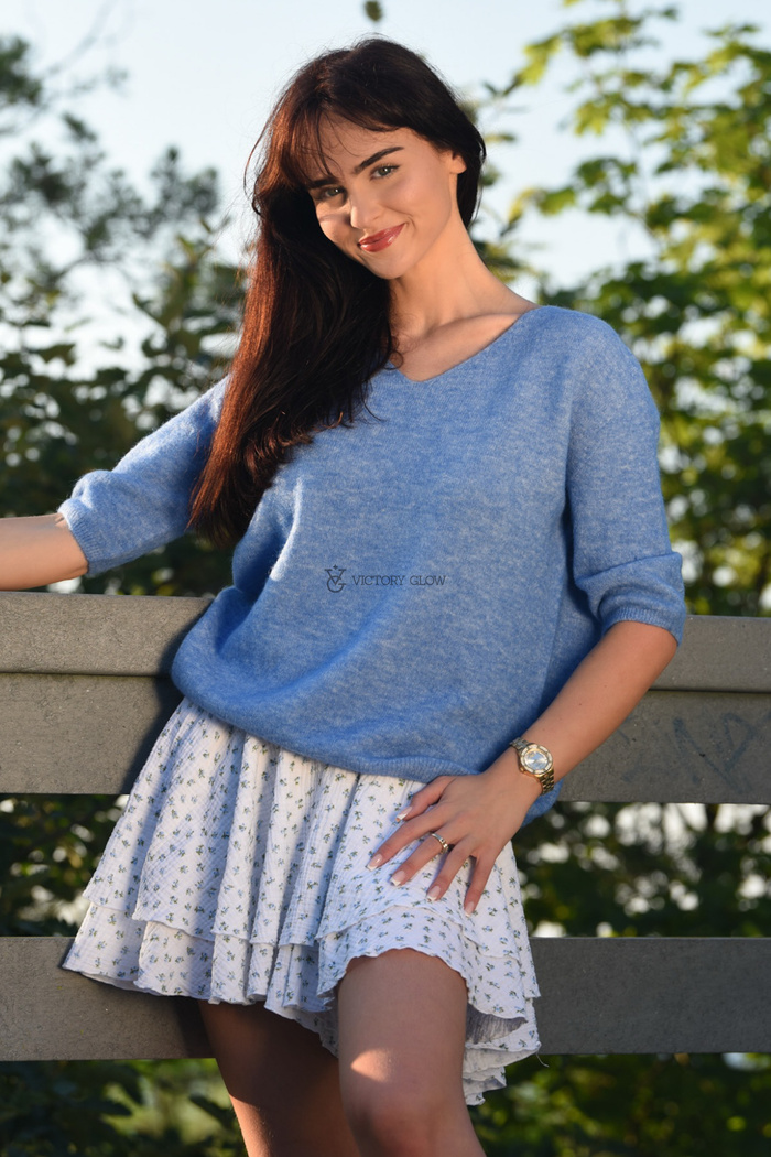 Miękki sweter Baby Alpaka z rękawem 3/4 niebieski melanż