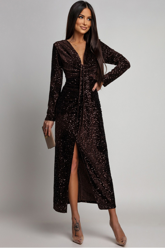 Sukienka cekinowa z drapowaniem Linett brązowa