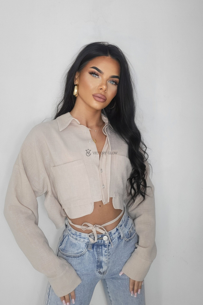 Krótka koszula oversize lniana IZZI  ciemny beż