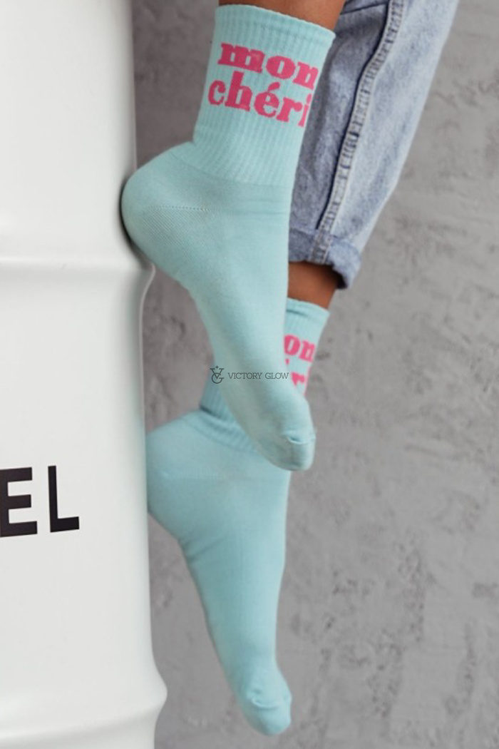 Długie skarpetki z nadrukiem Mon Cheri niebieskie