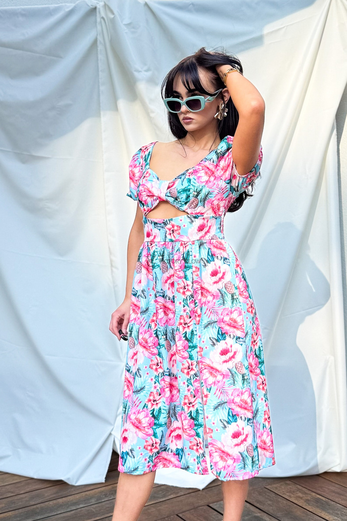 Sukienka zwiewna midi Lady Flowers niebieska