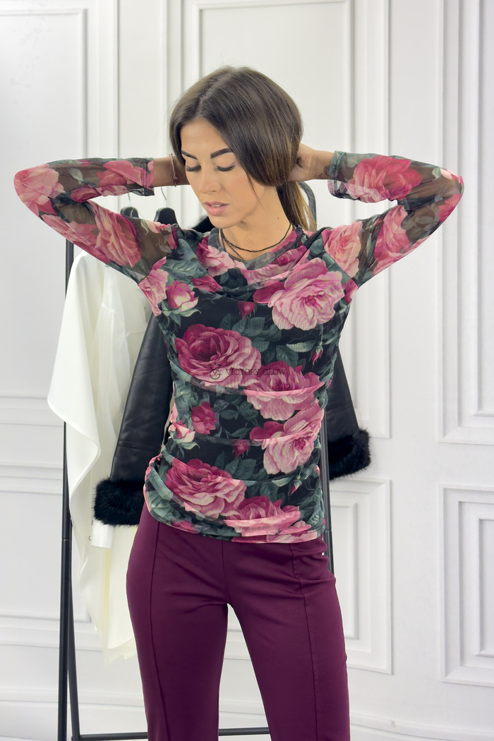 Transparentna bluzka z tiulu Aida w kwiaty