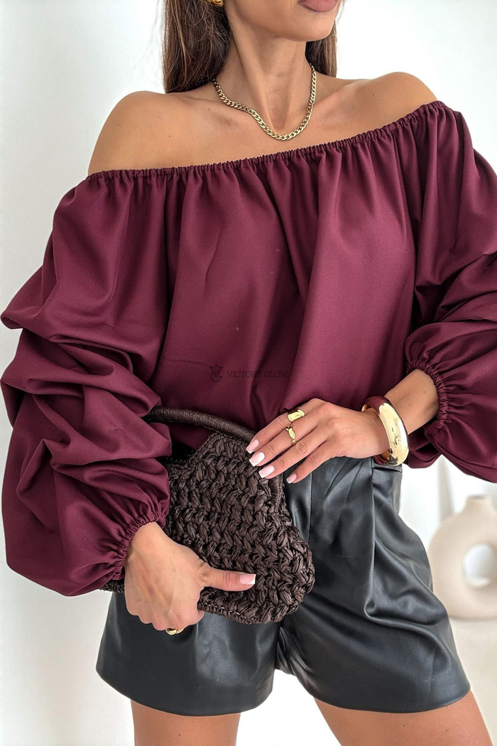 Bluzka hiszpanka z marszczonymi rękawami Aura bordowa