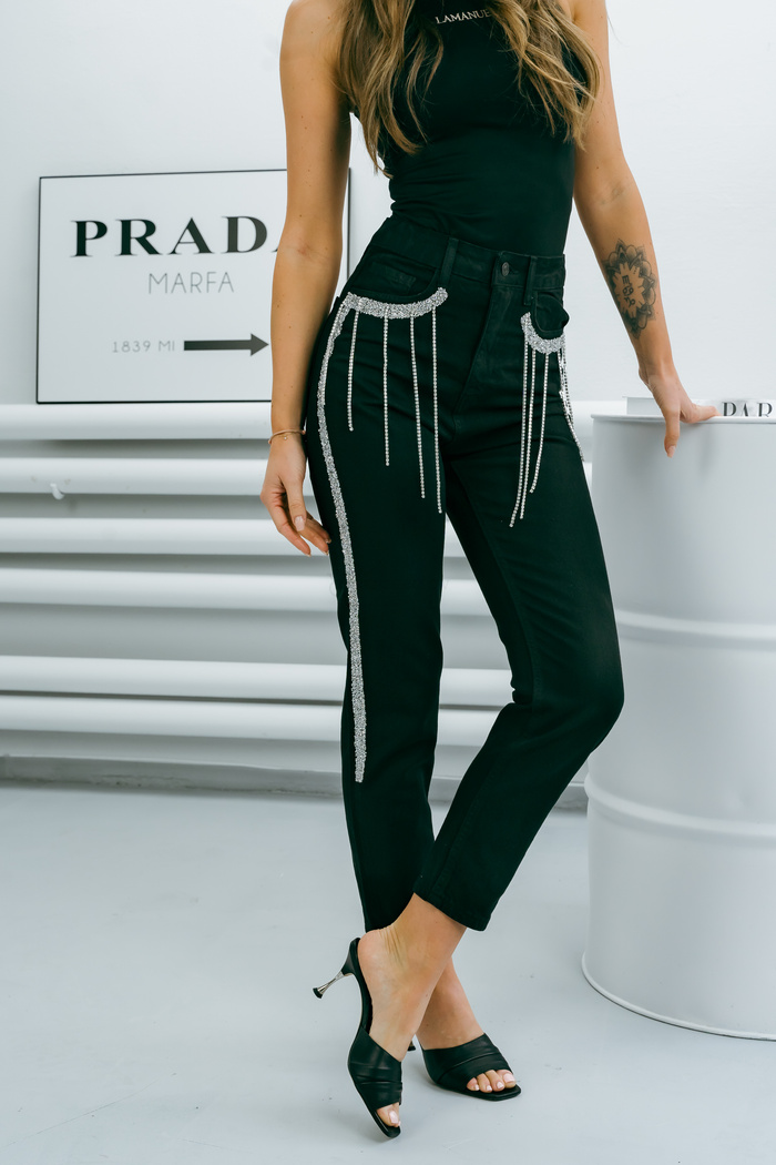 Czarne jeansy Marisol z wysokim stanem i cyrkoniami