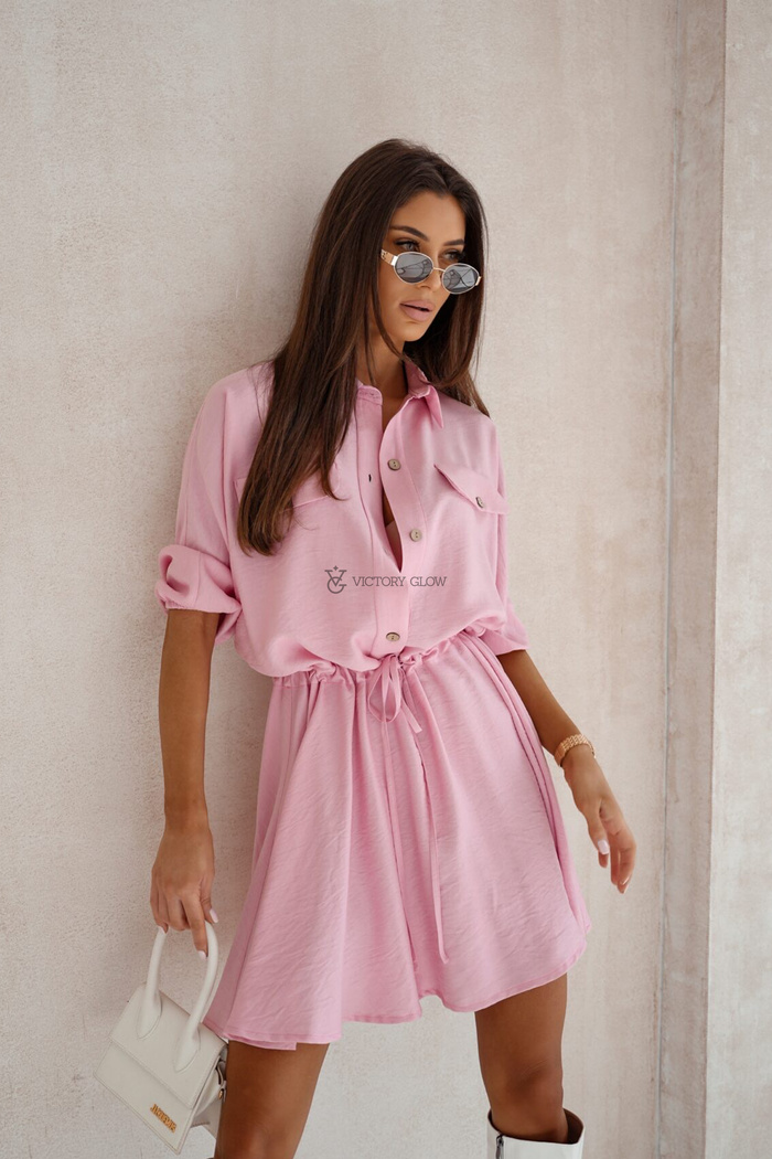 Koszulowa sukienka boho oversize Miriam pudrowy róż