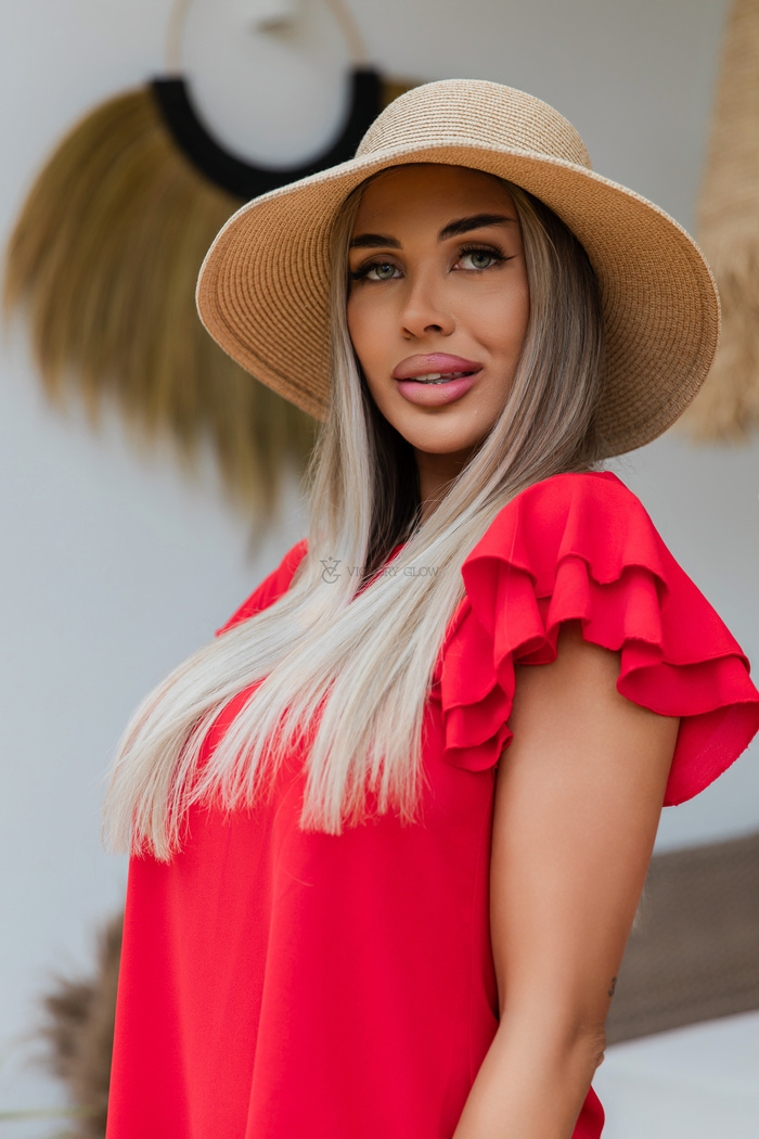 Zwiewna sukienka oversize Marcelle rękaw falbanka czerwona