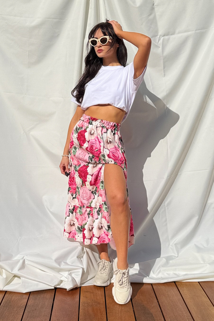 Spódnica midi z falbaną Flower Power różowa